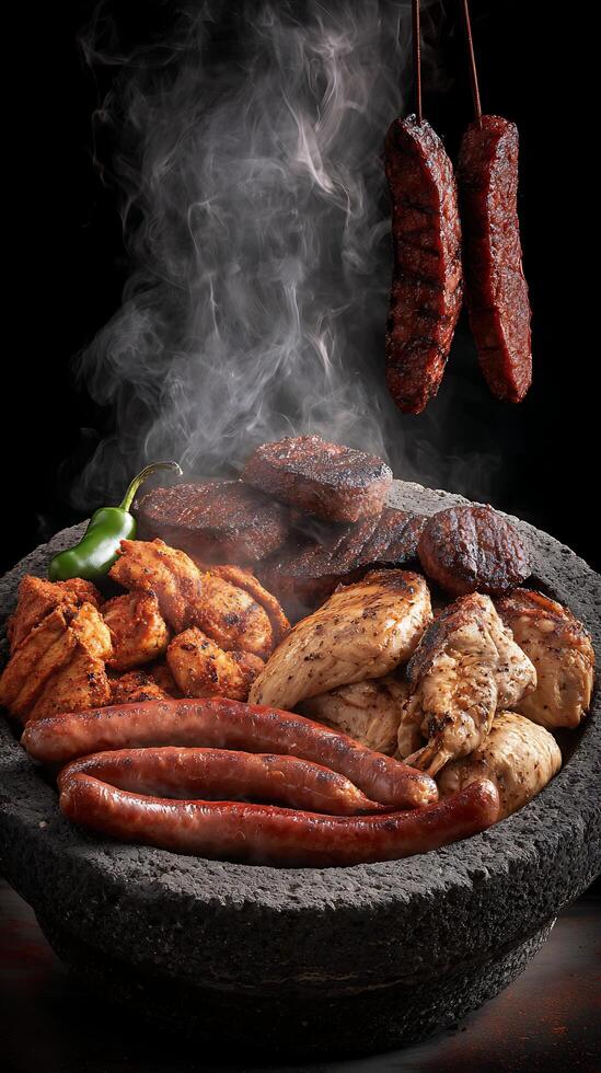 Delicious Grilled Meat Platter with Steaming Smoke and Chili Pepper. photo