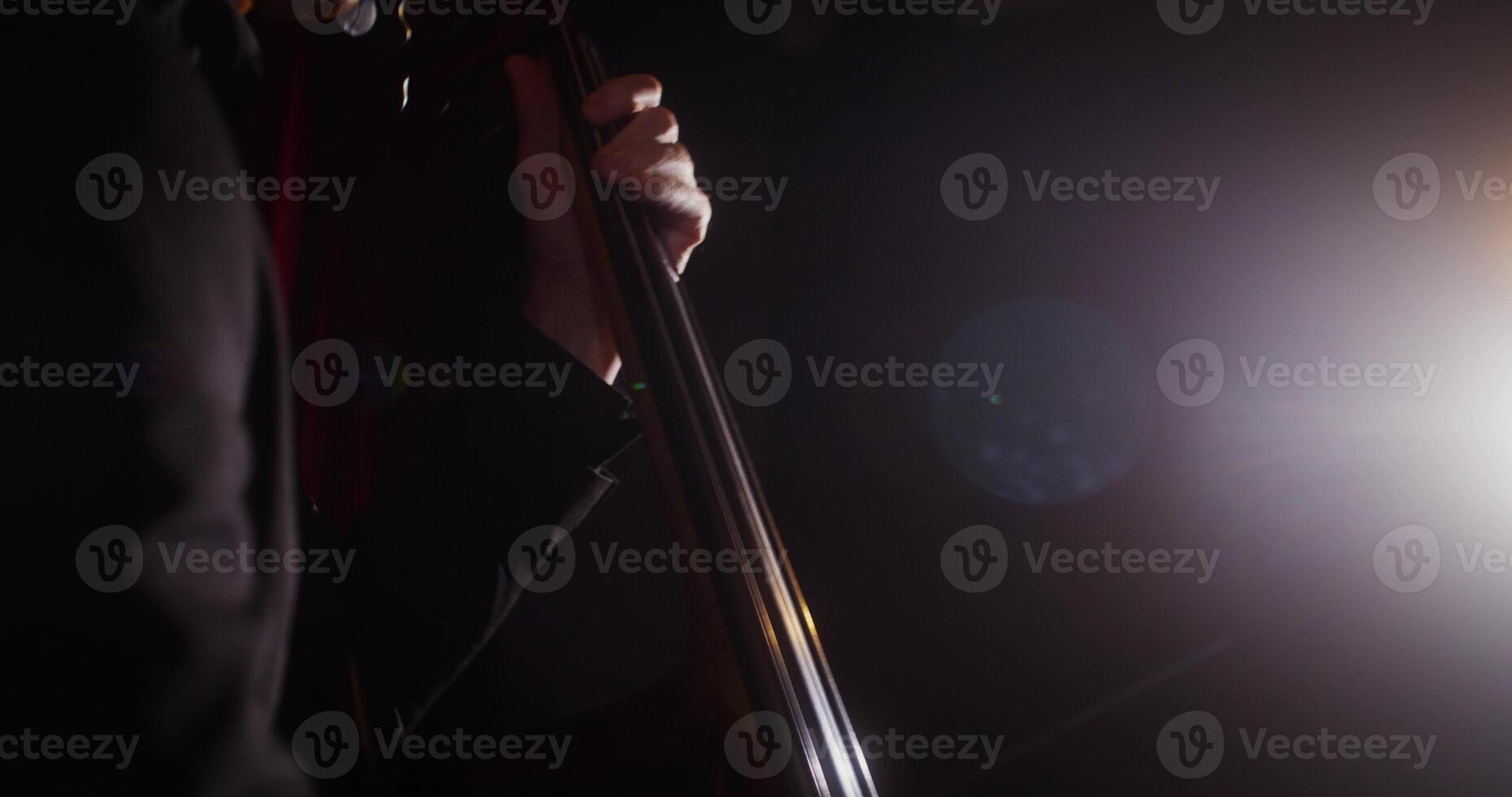 A person holding a cello in front of a light photo