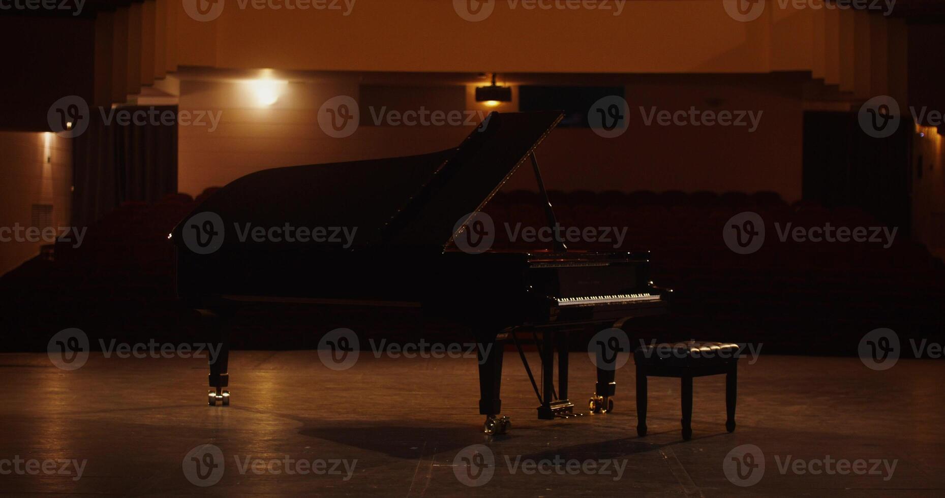 A black grand piano in an empty auditorium photo