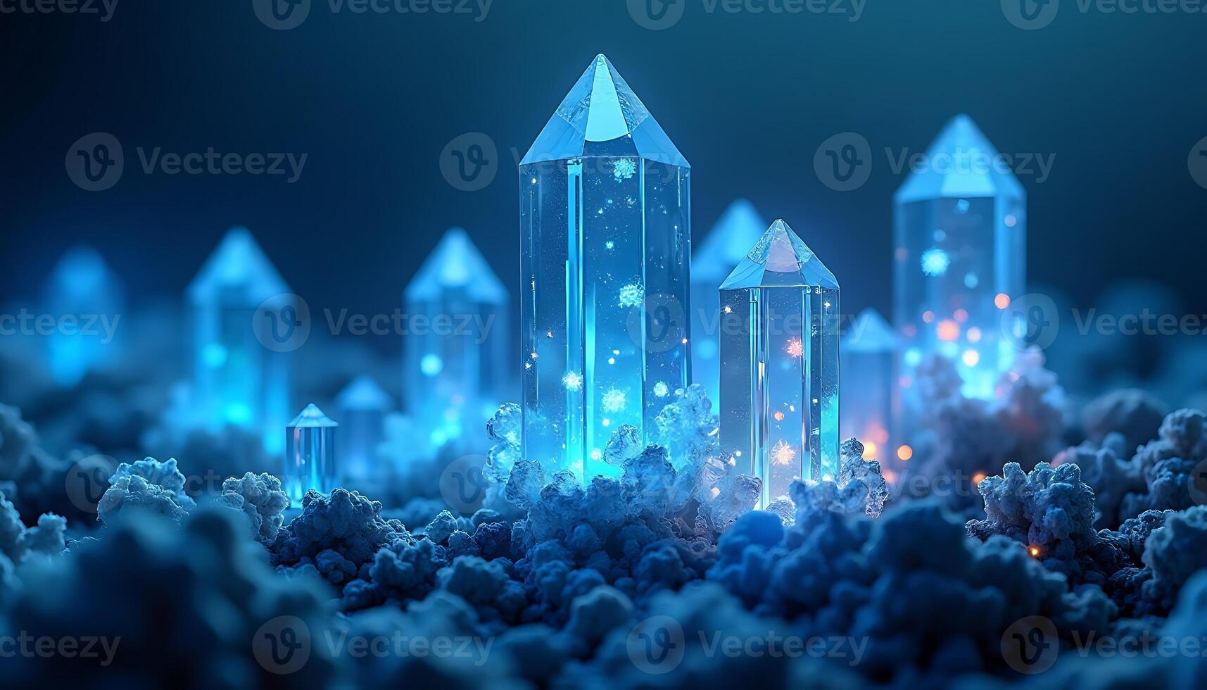 Glowing Crystal Points Standing on Textured Cloudscape in Blue Hues photo