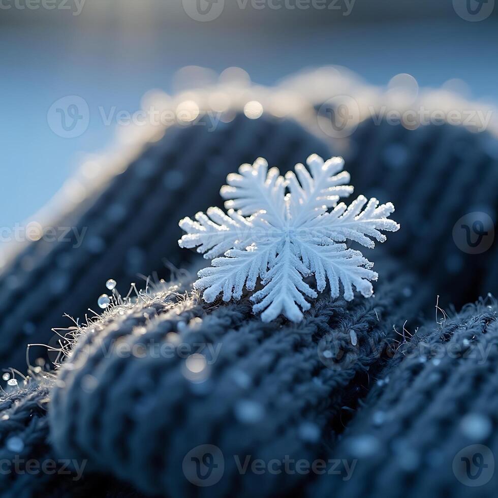 Delicate Snowflake on Knitted Mitten Under Sunlight in Winter Season photo