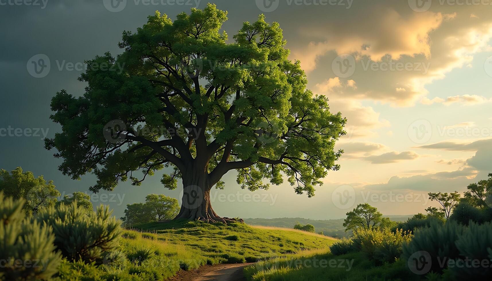 Majestic Tree on Grassy Hillside Under Cloudy Sky photo