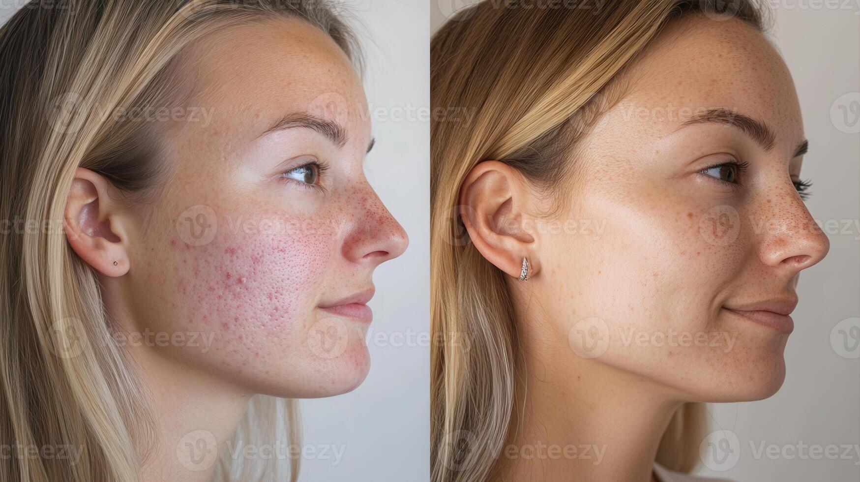 Profile of a young woman before and after acne treatment, showing improvement in skin condition photo