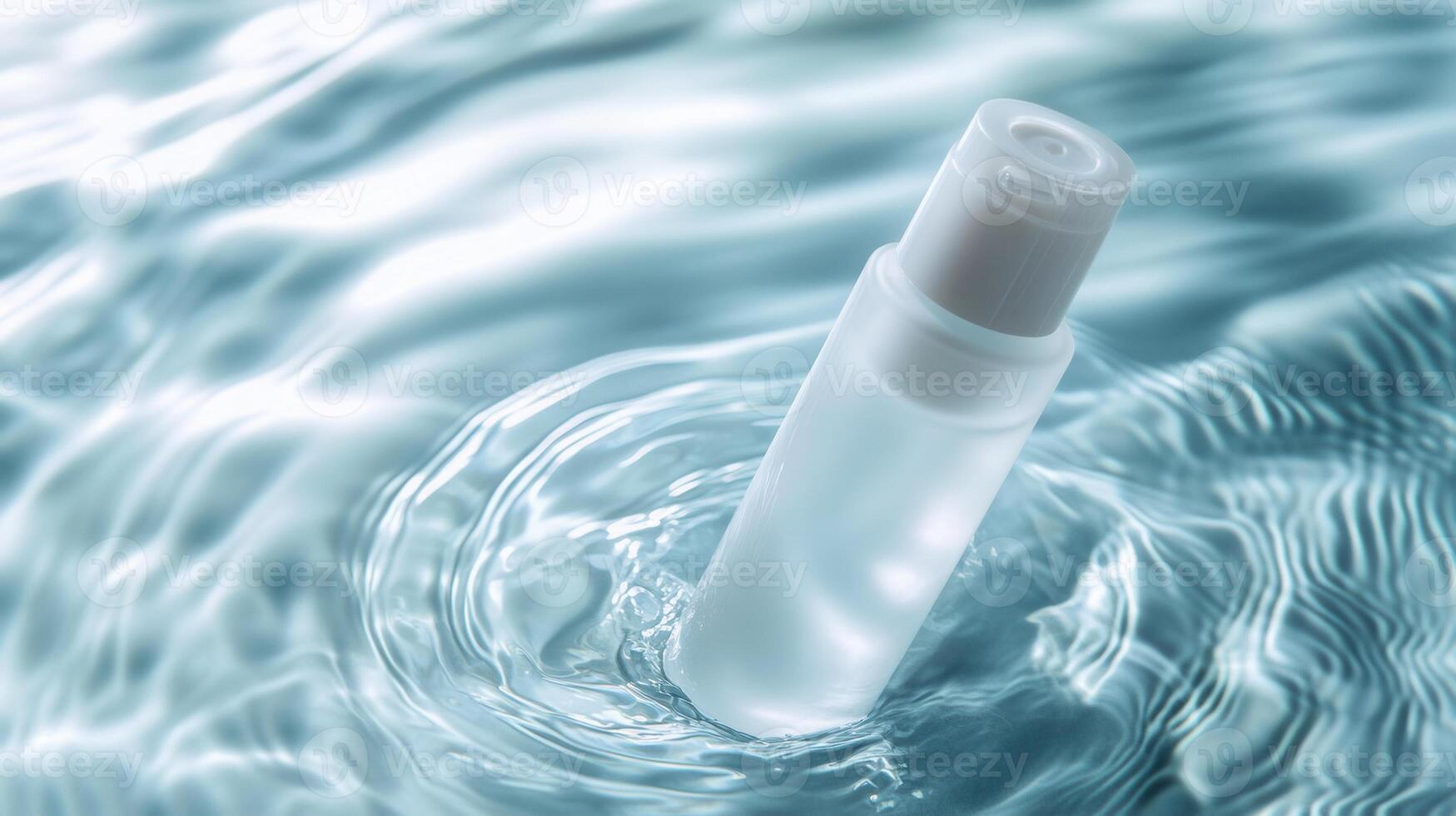 Glass cosmetic dropper bottle creating partially submerged, floating tranquil water ripples with soft frosted surface photo