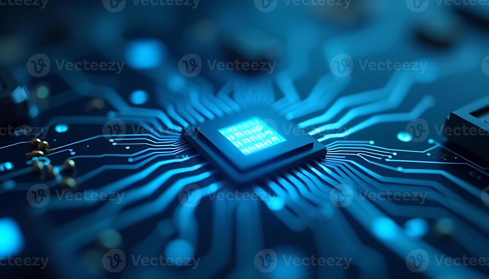 Close-up of Computer Chip and Circuit Board in Blue Tones photo