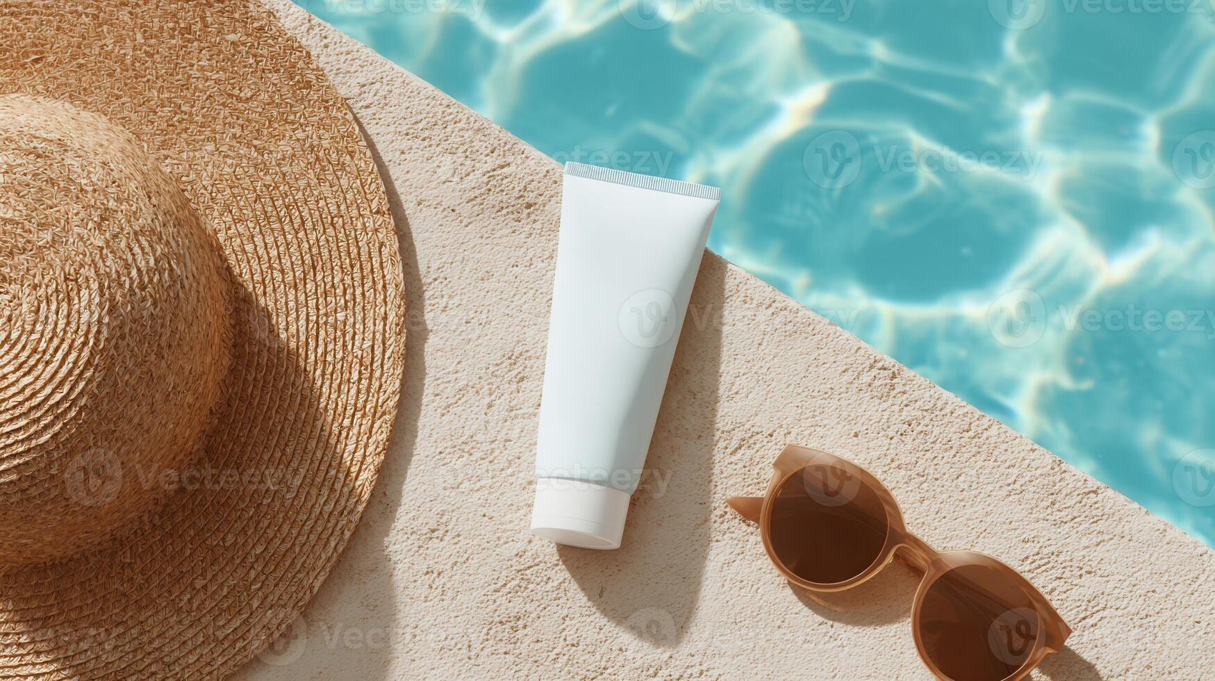 sunscreen, summer essentials, trendy Poolside sunglasses, straw hat signaling protective style and carefree relaxation photo