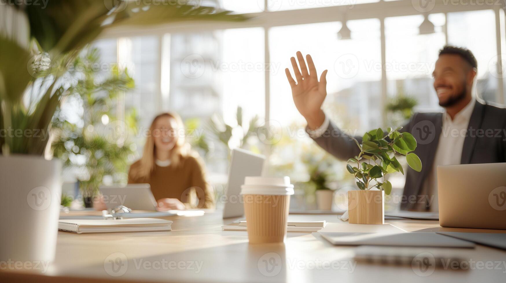 Businessman waving hello in a modern green office, embodying teamwork, success, and a positive work environment photo