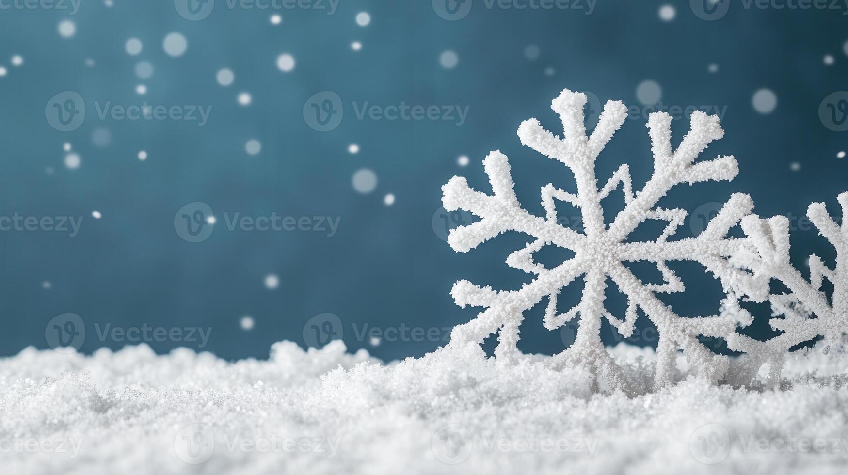White against decorating snowy surface mood teal winter backdrop, festive seasonal snowflake photo