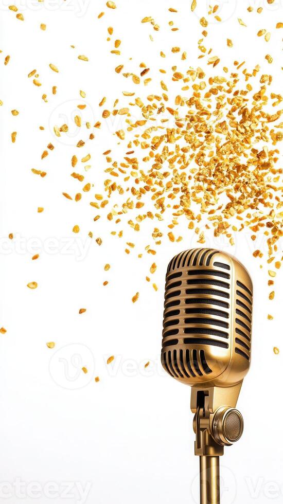 Golden vintage microphone surrounded by falling almonds on a visually background, creating a white appealing concept related to food, music, or sound photo