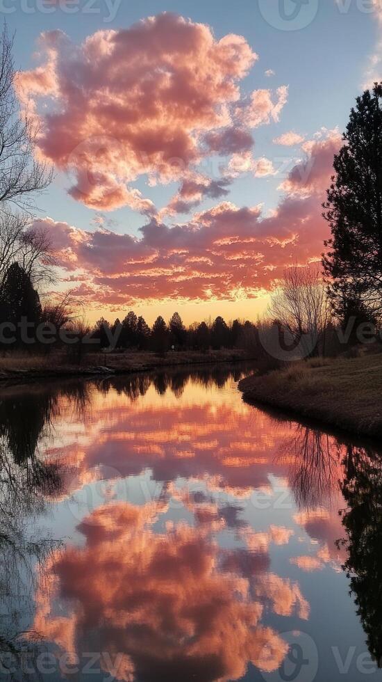Beautiful pink clouds create vibrant stunning view during a a sunset, offering a breathtaking spectacle of color and light photo