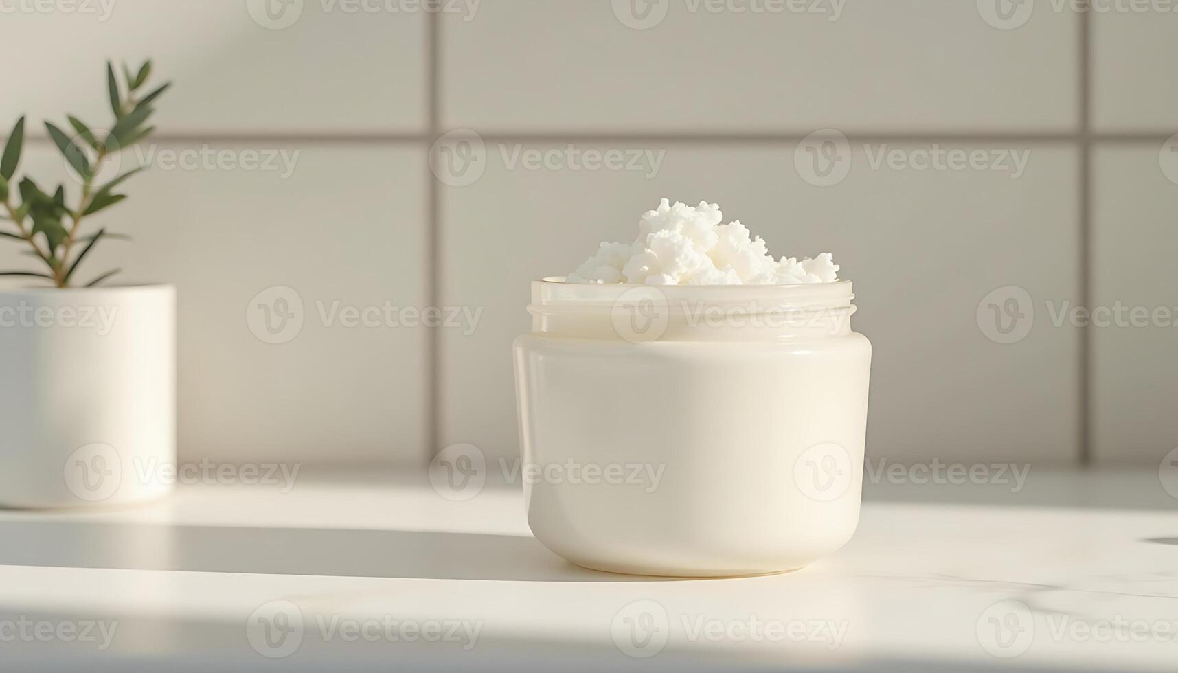White Creamy Scrub in Jar with Green Plant on Tiled Countertop photo
