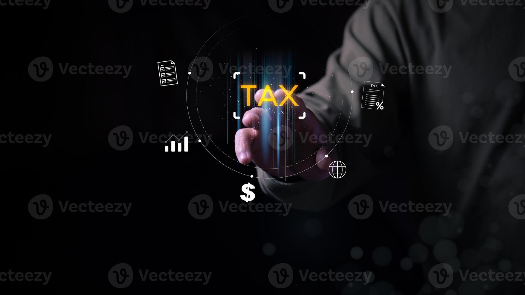 the Tax management and planning concepts are something that everyone needs to learn. The businessman is demonstrating calculating annual income and tax rates, claiming refunds and deductions photo