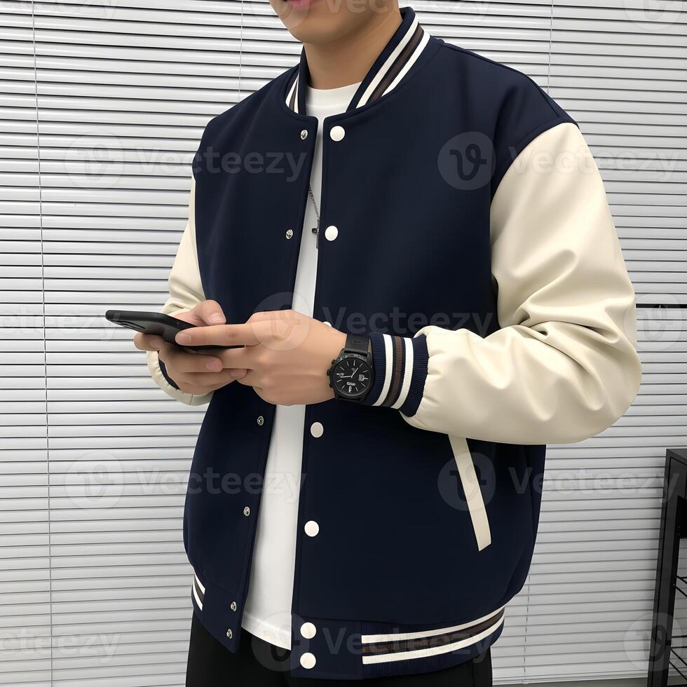 Man Wearing Blank Varsity Jacket for Design Mockup photo