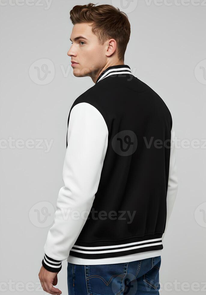 Rear View of a Man Wearing a Stylish Black and White Jacket for Design Mockup 2 photo