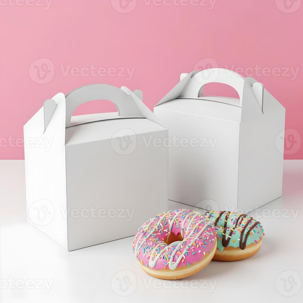 Design Mockup on White Cardboard Boxes Donuts Packaging photo