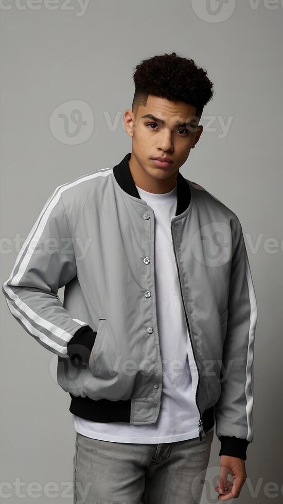 Young Man Standing Confidently in Casual Gray Jacket for Design Mockup photo