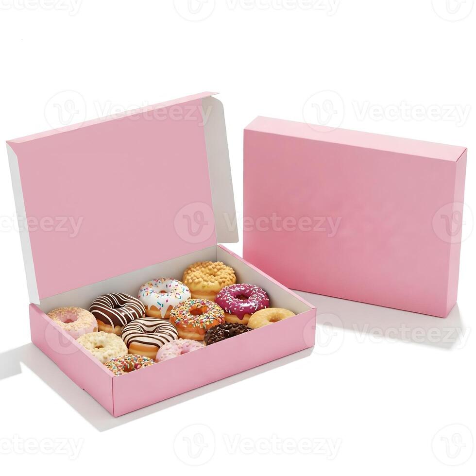 Dessign Mockup on a Assorted Colorful Donuts Packaging photo