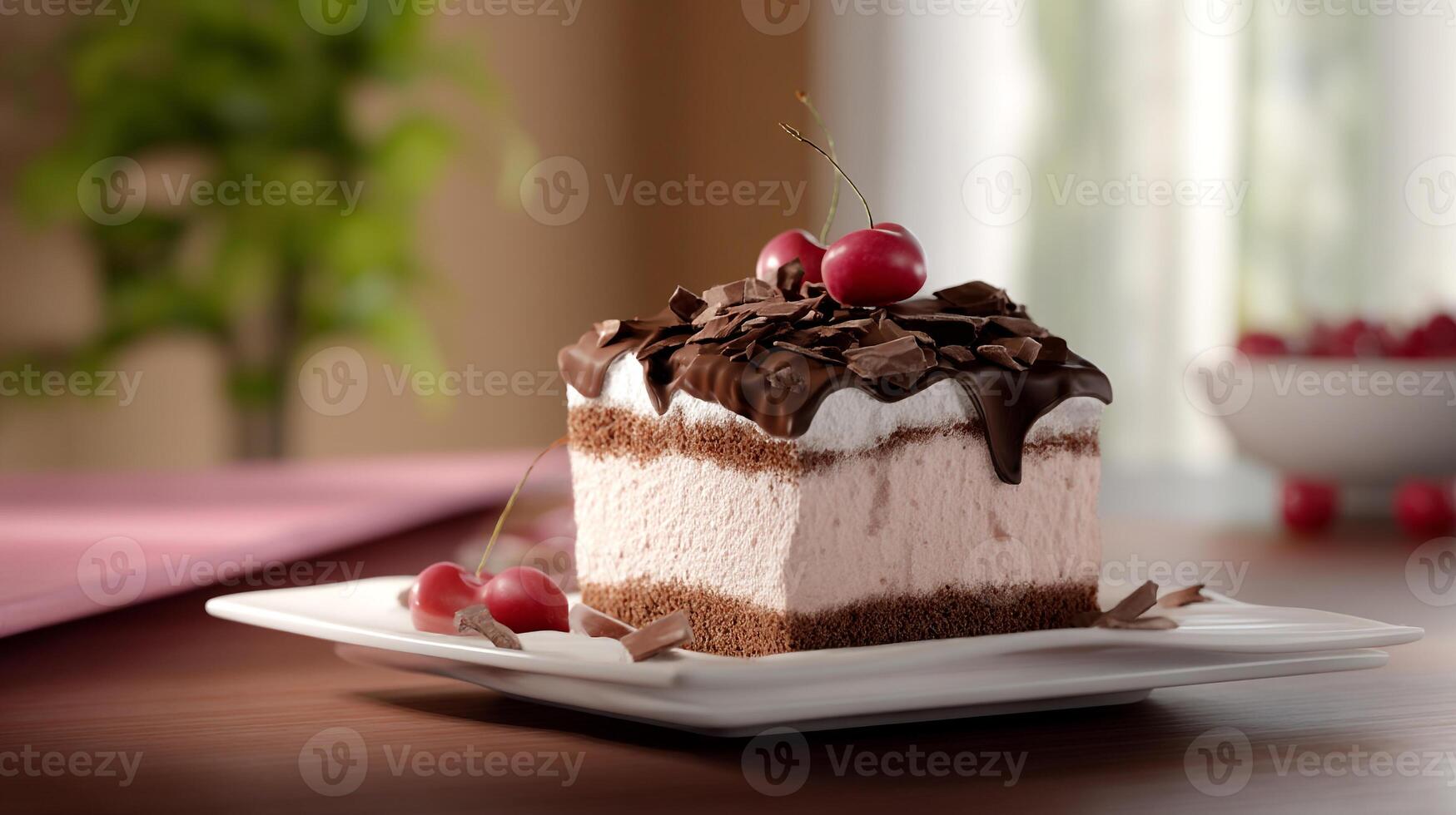 Delicious cherry cake with chocolate topping dessert photo