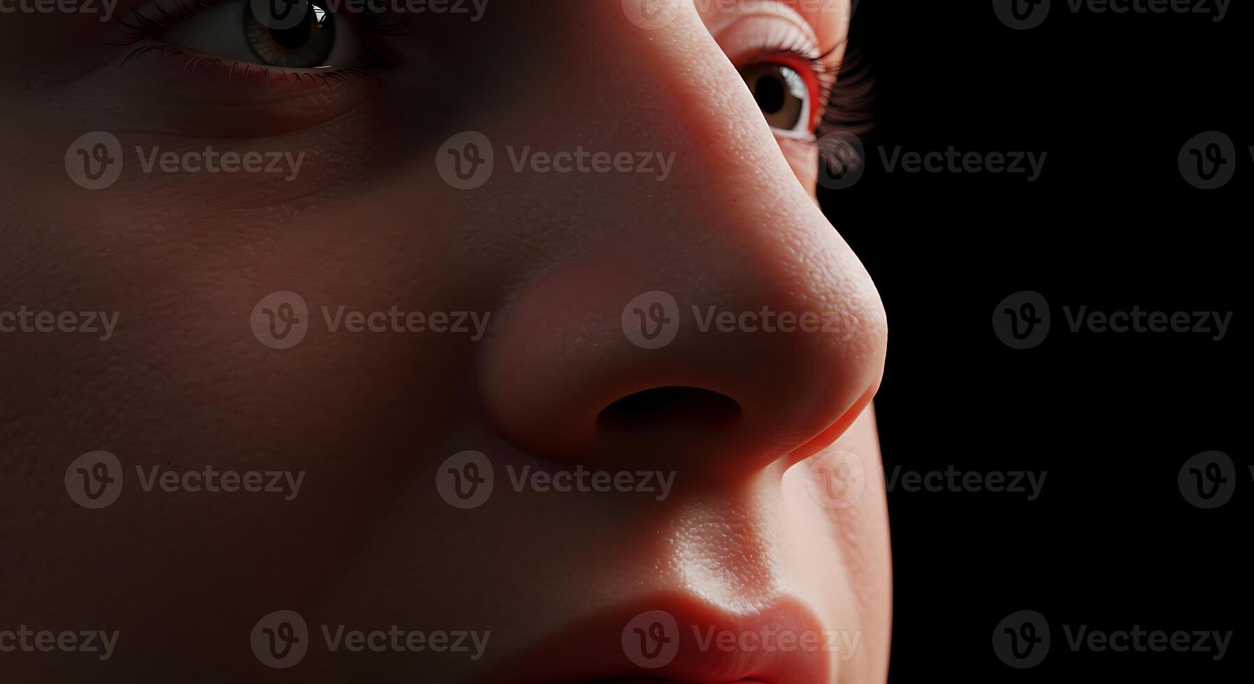 A close up of a woman's face with a red nose photo