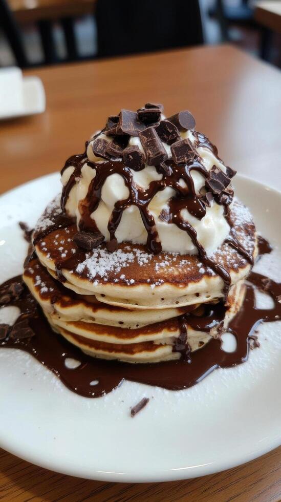 Pancakes with ice cream and chocolate syrup on a white plate on wooden table. photo