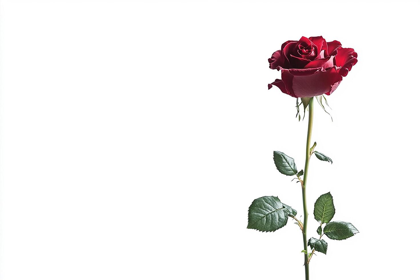 A single dark red rose with a long green stem and leaves against a white background space photo