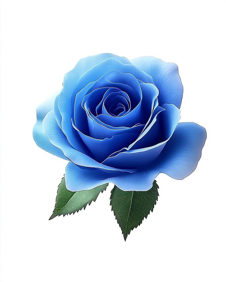 A single blue rose with green leaves on a white background in a close up still image shot photo