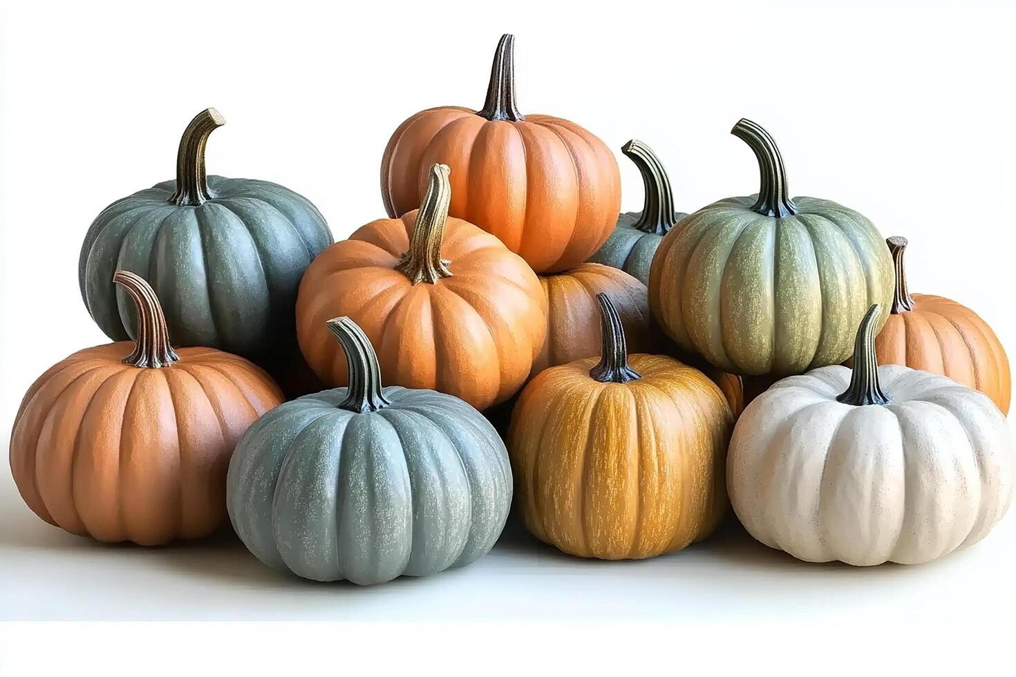 A group of pumpkins in various colors including orange, green, gray, and white on a white surface photo