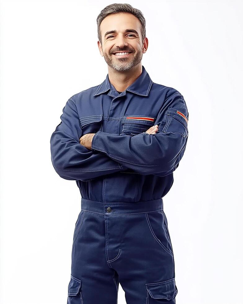 A smiling man in a blue jumpsuit with arms crossed standing against a white background space photo