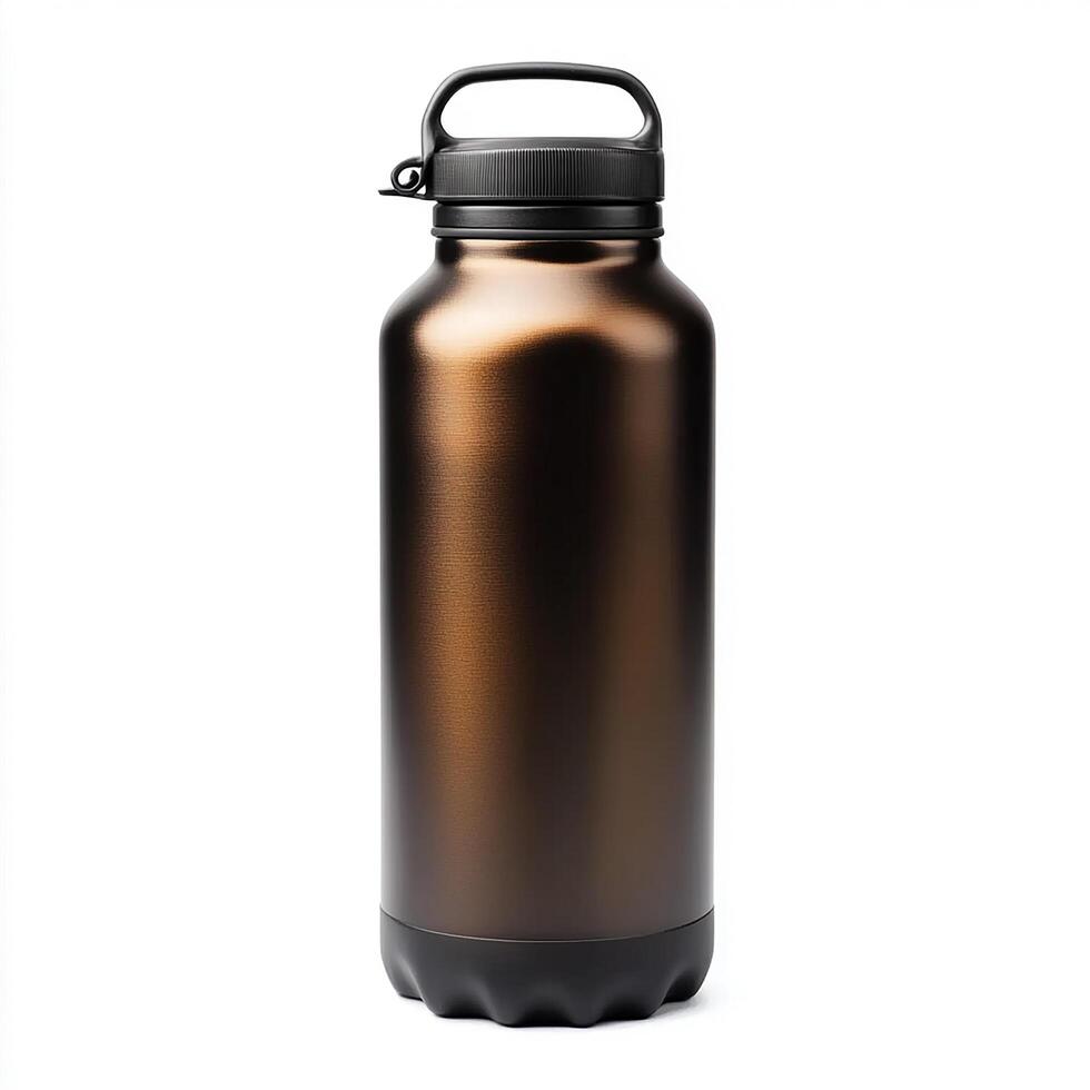 A bronze insulated water bottle with a black lid and handle on a white background space photo