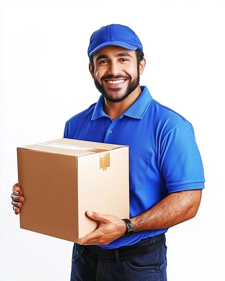 A delivery man in blue uniform holding a cardboard box and smiling on a white background shot photo