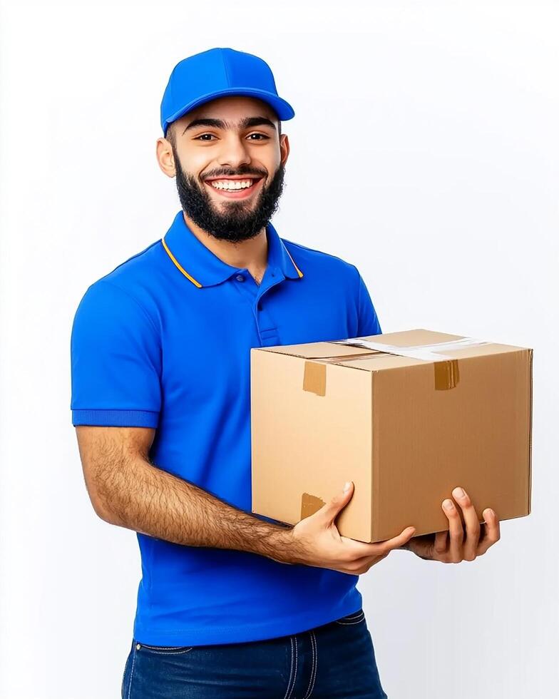 Smart smiling delivery man in blue uniform holding a cardboard box against a white background photo