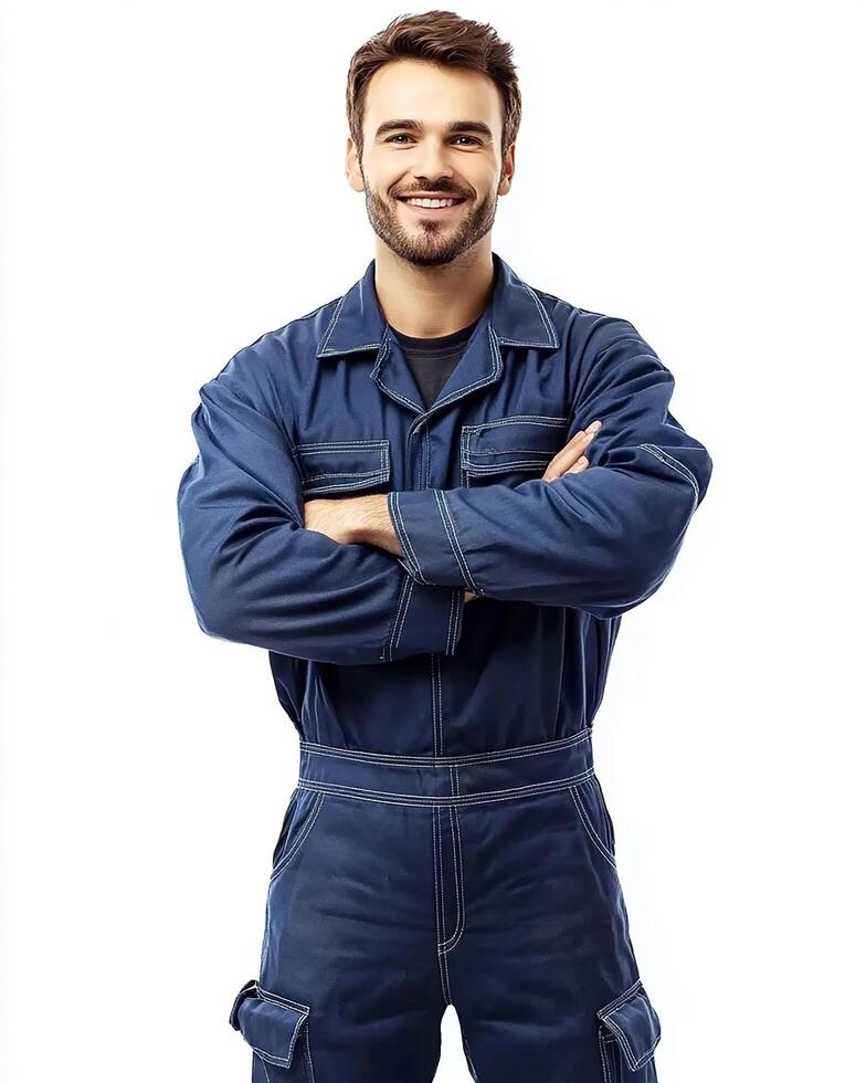 smiling man in blue work overalls with arms crossed on a white background studio shot photo