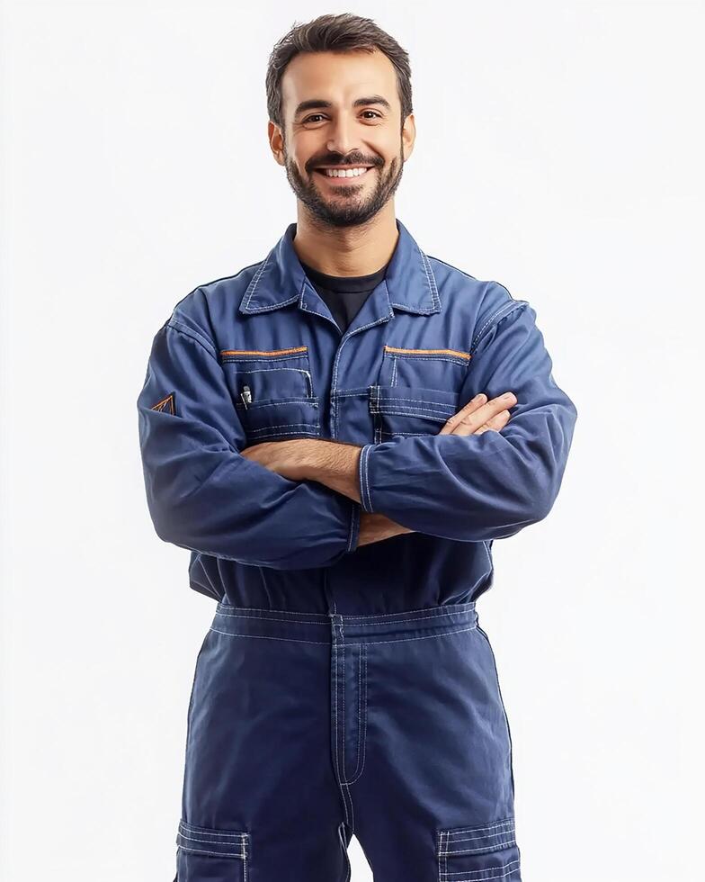 A Cute smiling man in blue work overalls with arms crossed on a white background studio shot photo