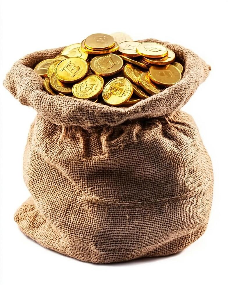 A burlap sack filled to the brim with shiny gold coins on a plain white background studio shot photo