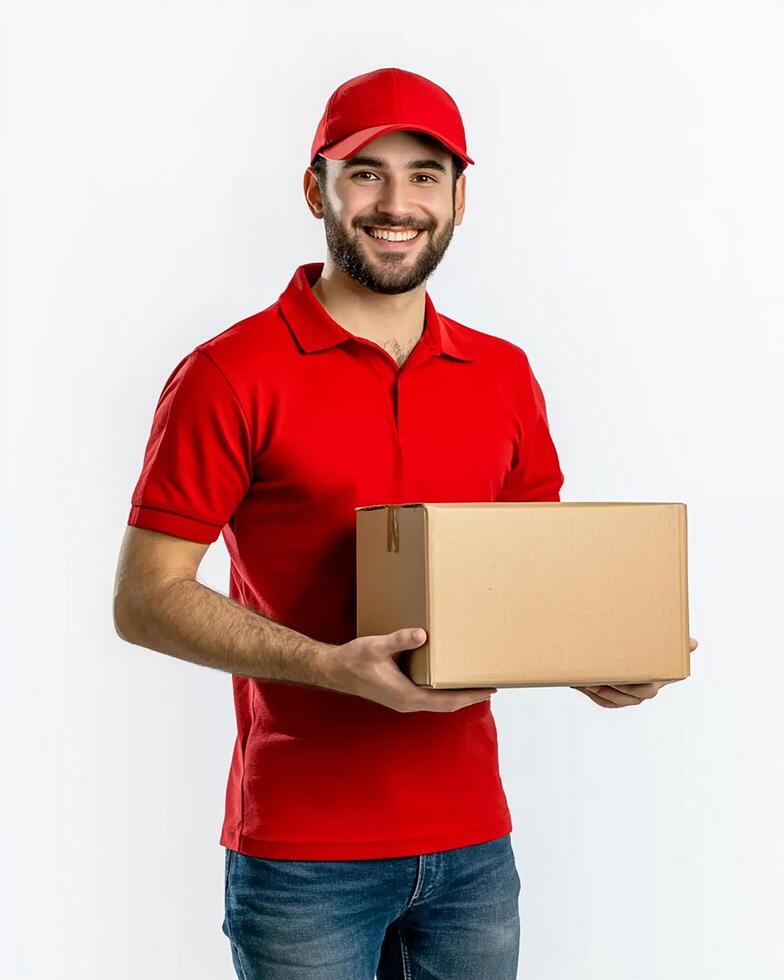 A delivery man in red uniform holding a cardboard box with a cheerful expression on a white background photo