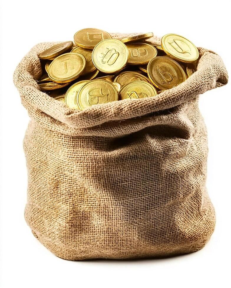 A burlap sack filled with gold coins spilling out on a white background in a studio shot photo
