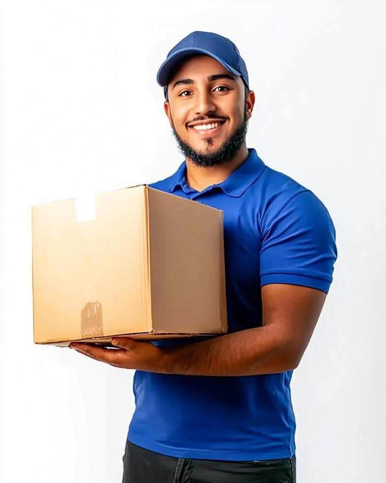 A delivery man in blue uniform holding a cardboard box and smiling against a white background photo