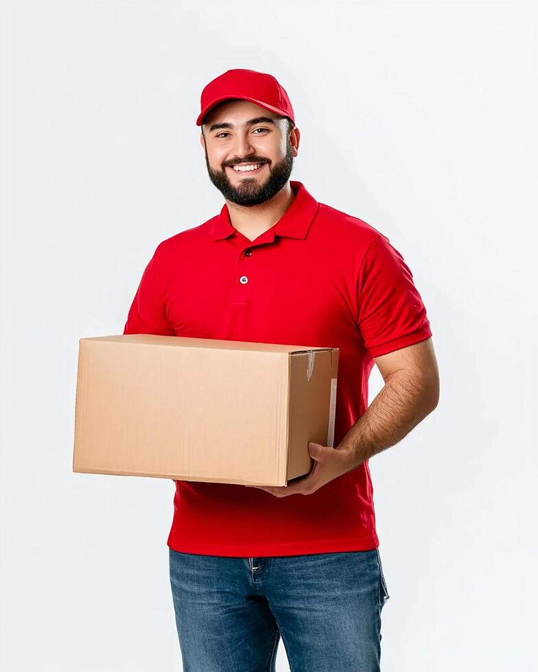 delivery man in red uniform holding a cardboard box with a smile on a white background photo