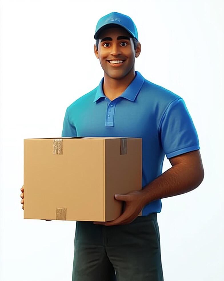 Delivery man smiling and holding a cardboard box wearing a blue shirt and matching cap photo