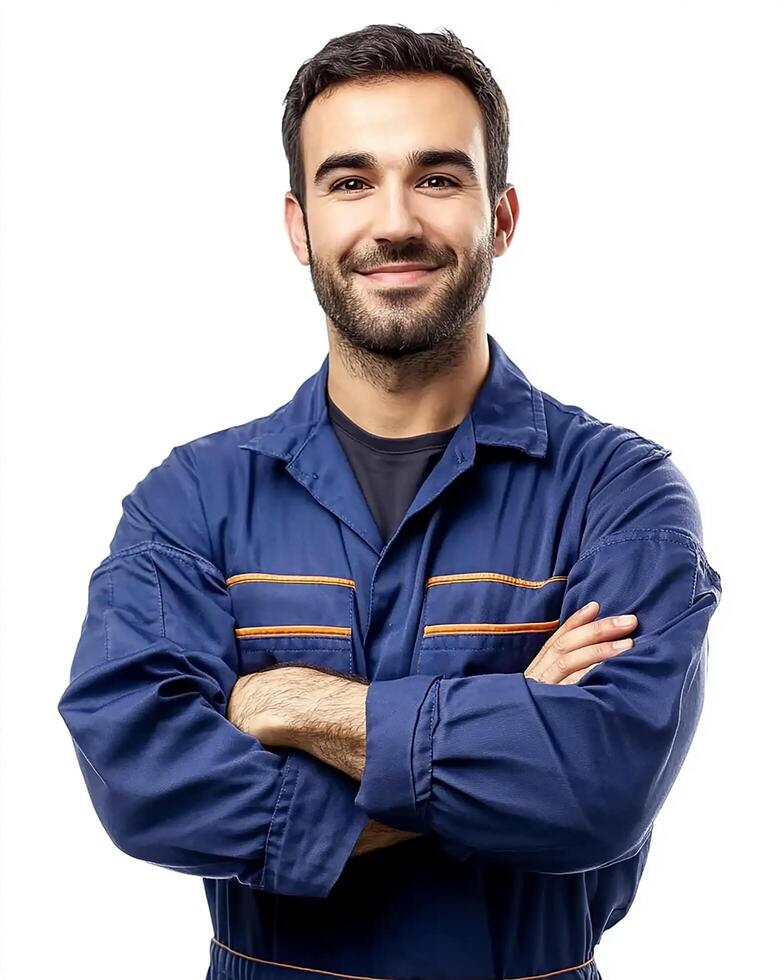 Portrait of a smiling man with crossed arms wearing blue overalls against a white background photo