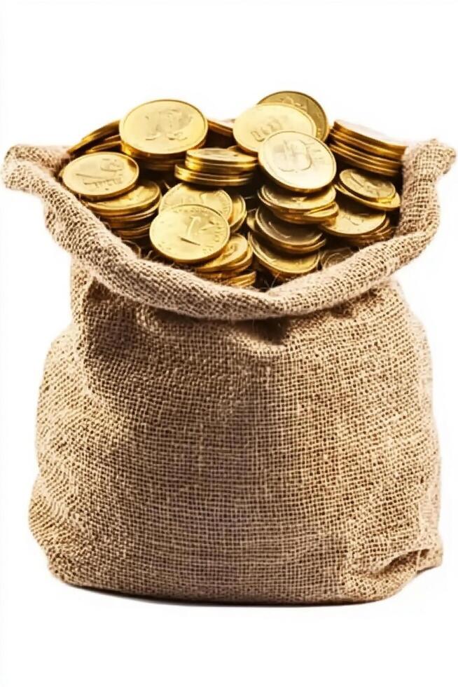 A burlap sack filled to the brim with shiny gold coins against a plain white background view photo