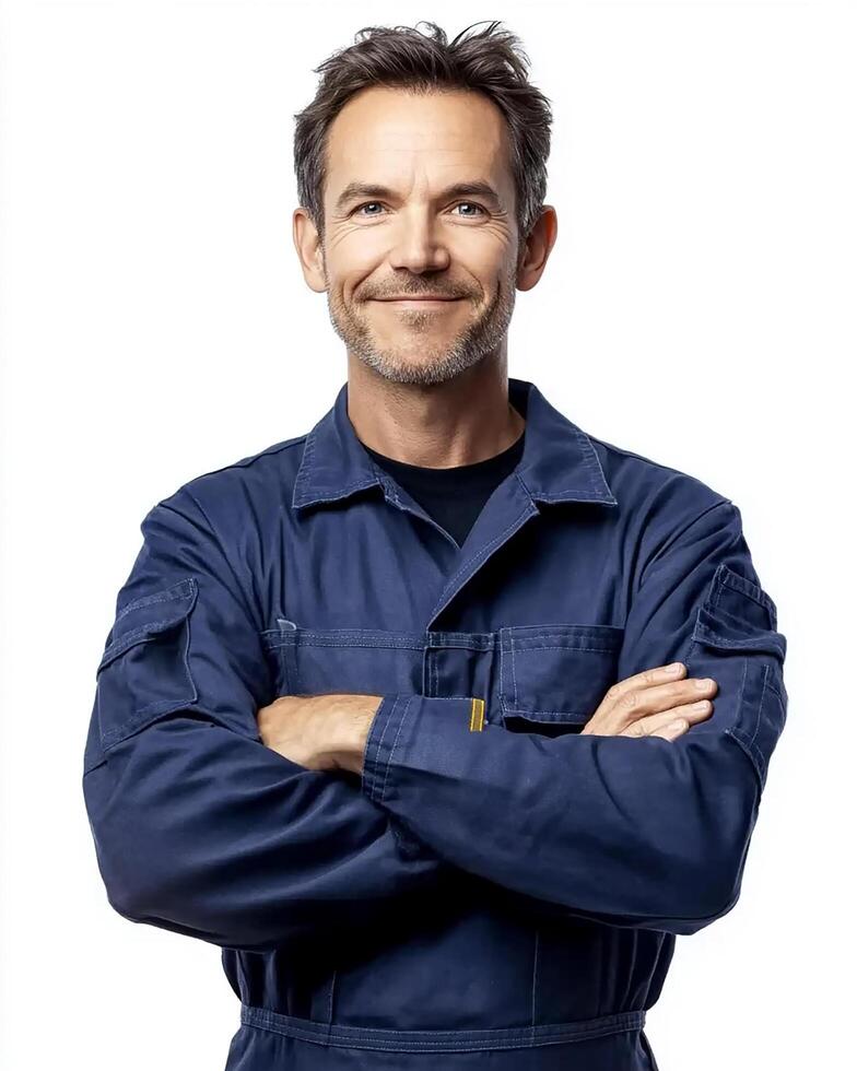 Portrait of a smiling man in blue work overalls with arms crossed against white background photo
