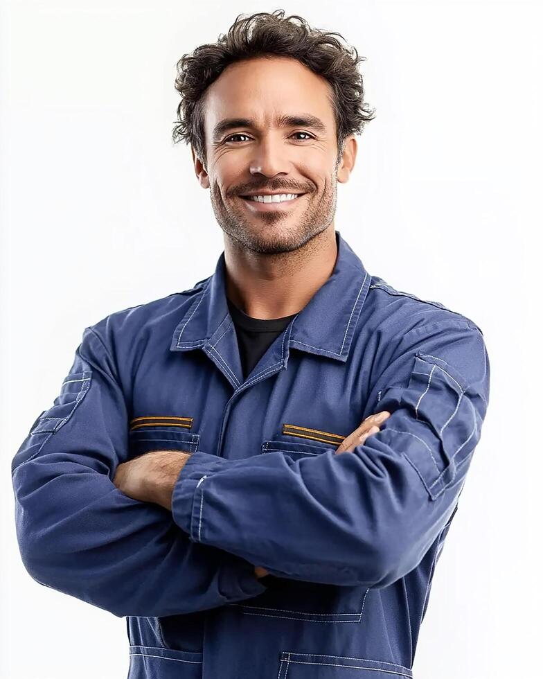 Portrait of a smiling man with curly hair in blue overalls with arms crossed on white background photo