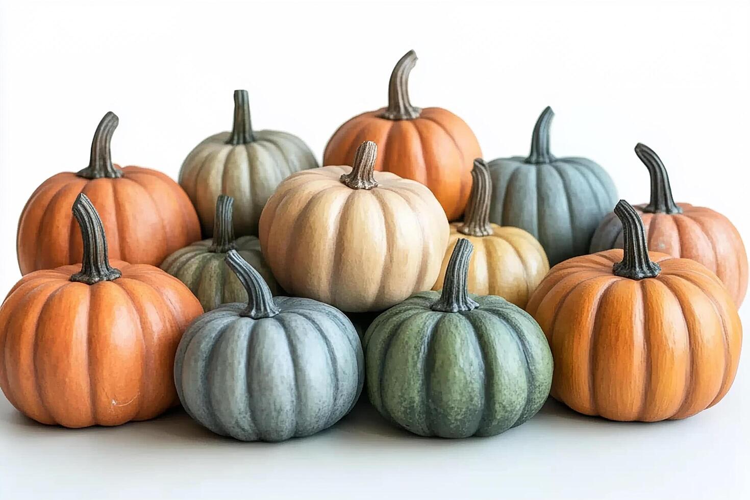 A group of pumpkins in various colors arranged on a white surface in a studio setting photo