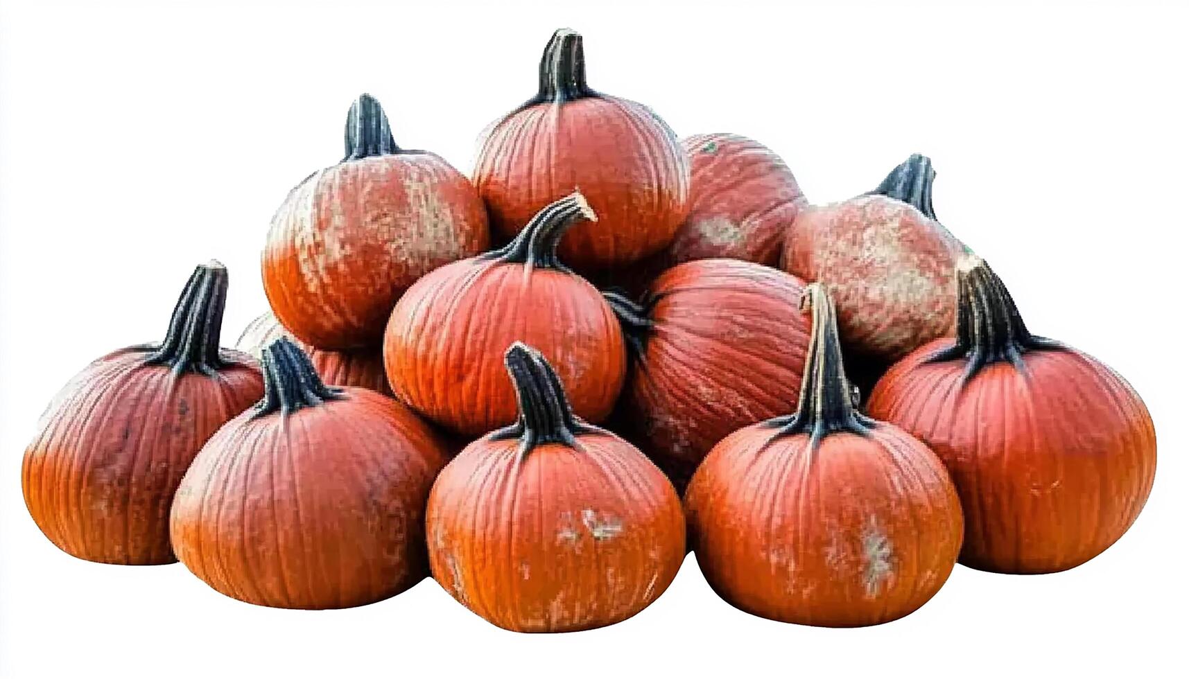 A pile of orange pumpkins with dark green stems stacked on top of each other on white background photo