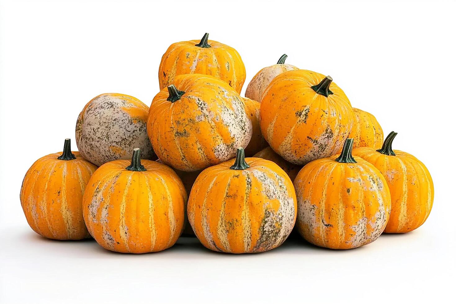 A pile of small orange pumpkins with green stems on a white background in studio shot photo