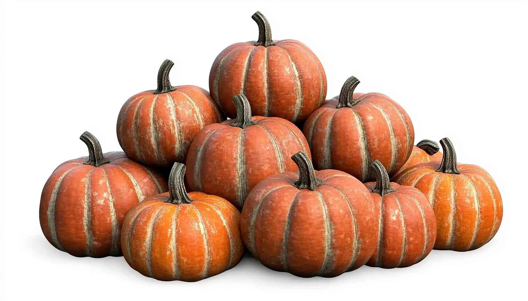 A cluster of ten orange pumpkins stacked together on a white background in a studio shot photo