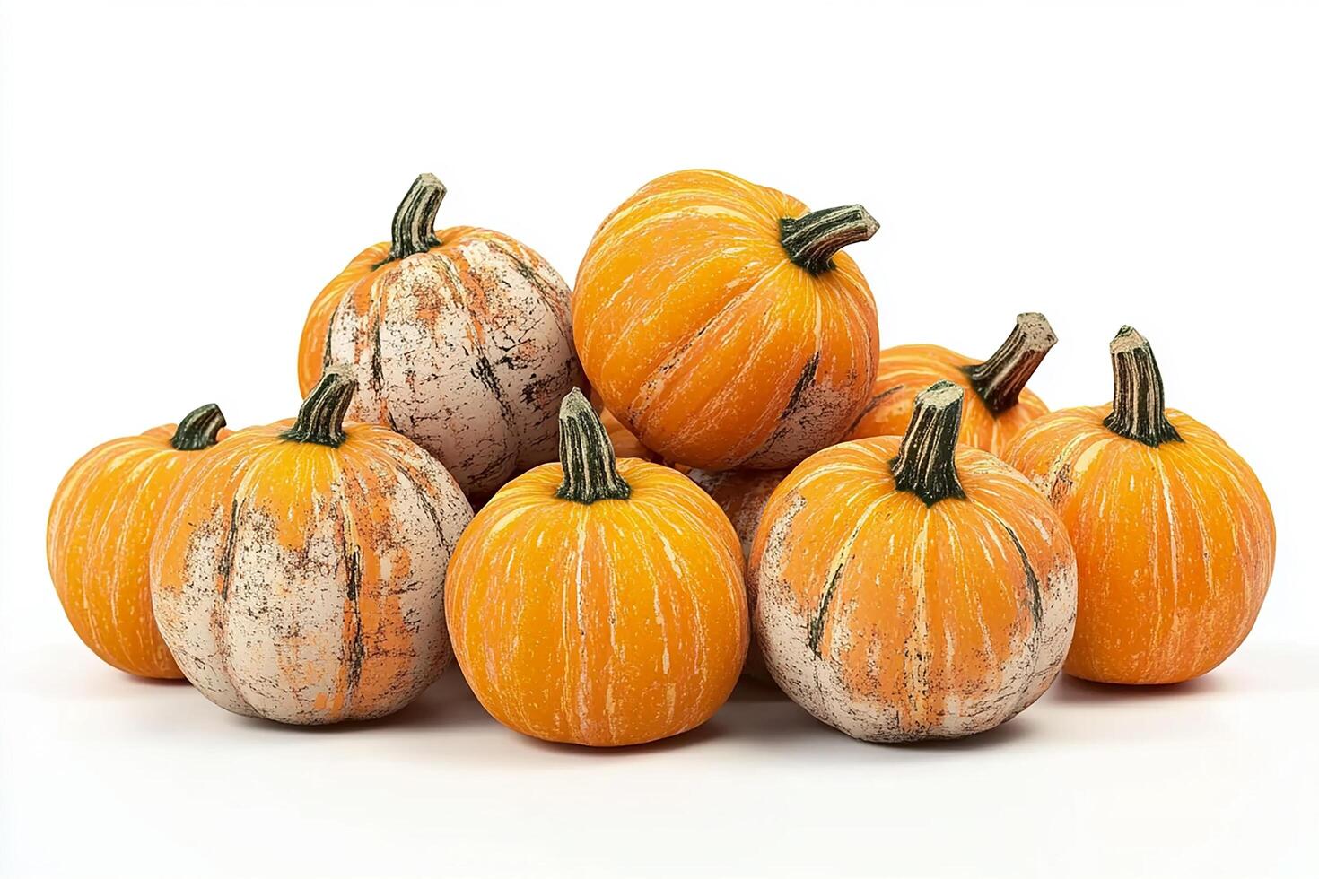 A group of eight pumpkins with orange and white skin sitting on a white background studio shot photo