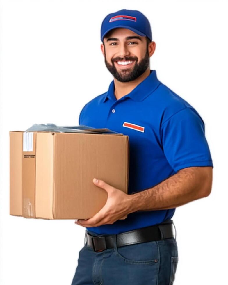 Delivery man smiling and holding a cardboard box in a blue uniform on a white background photo