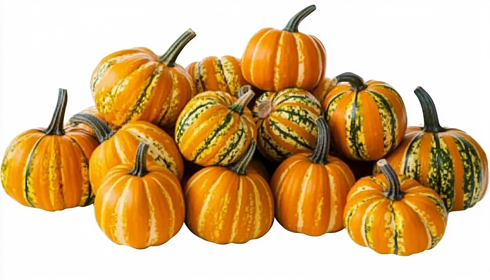 A pile of orange and green striped pumpkins with stems on a white background surface view photo